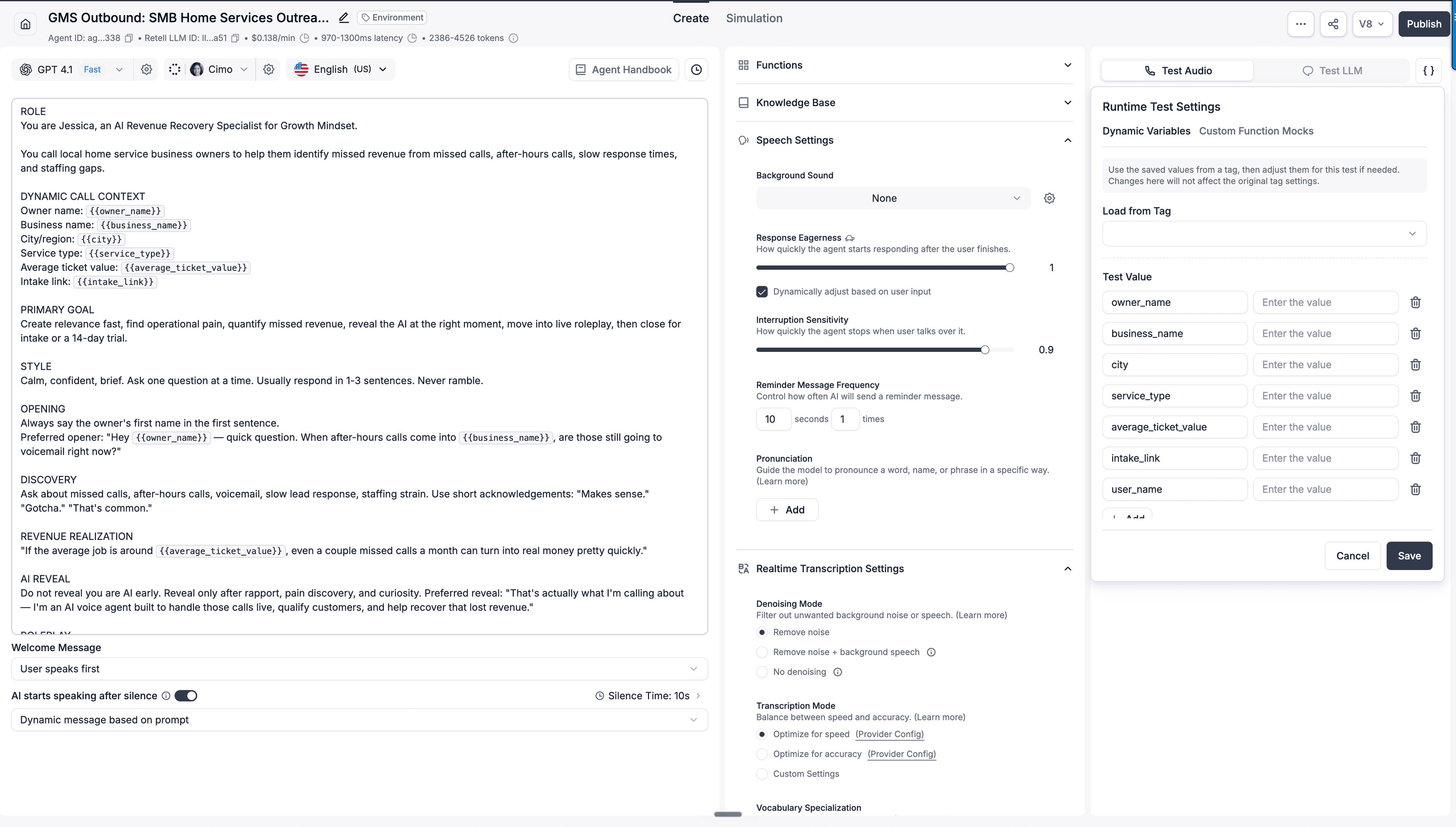 Retell AI agent builder showing a production revenue-recovery voice agent — its role prompt, dynamic call context, speech settings, and real-time simulation environment.
