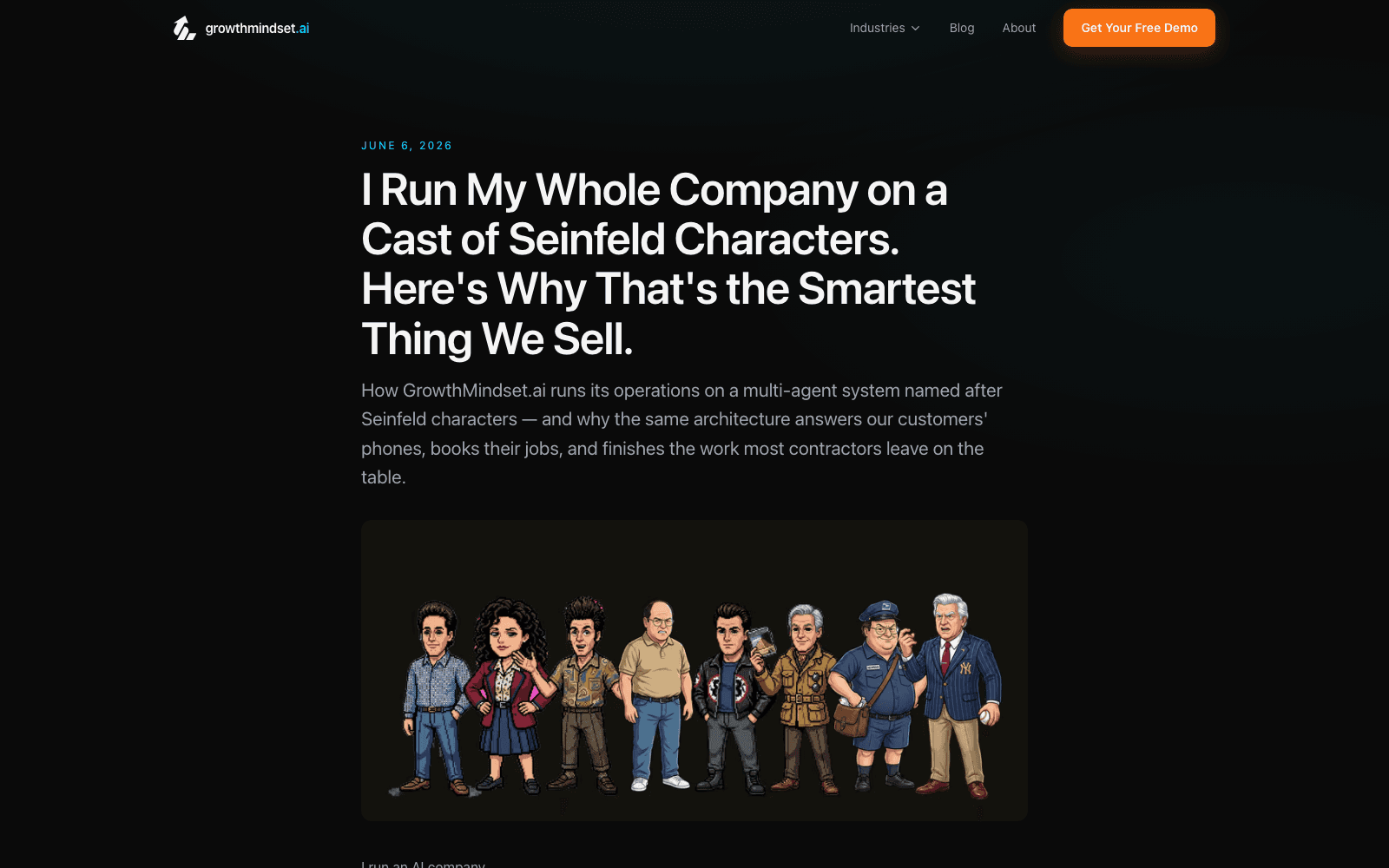 GrowthMindset.ai feature: 'I Run My Whole Company on a Cast of Seinfeld Characters' — a multi-agent system named after Seinfeld characters, illustrated as a lineup of characters.