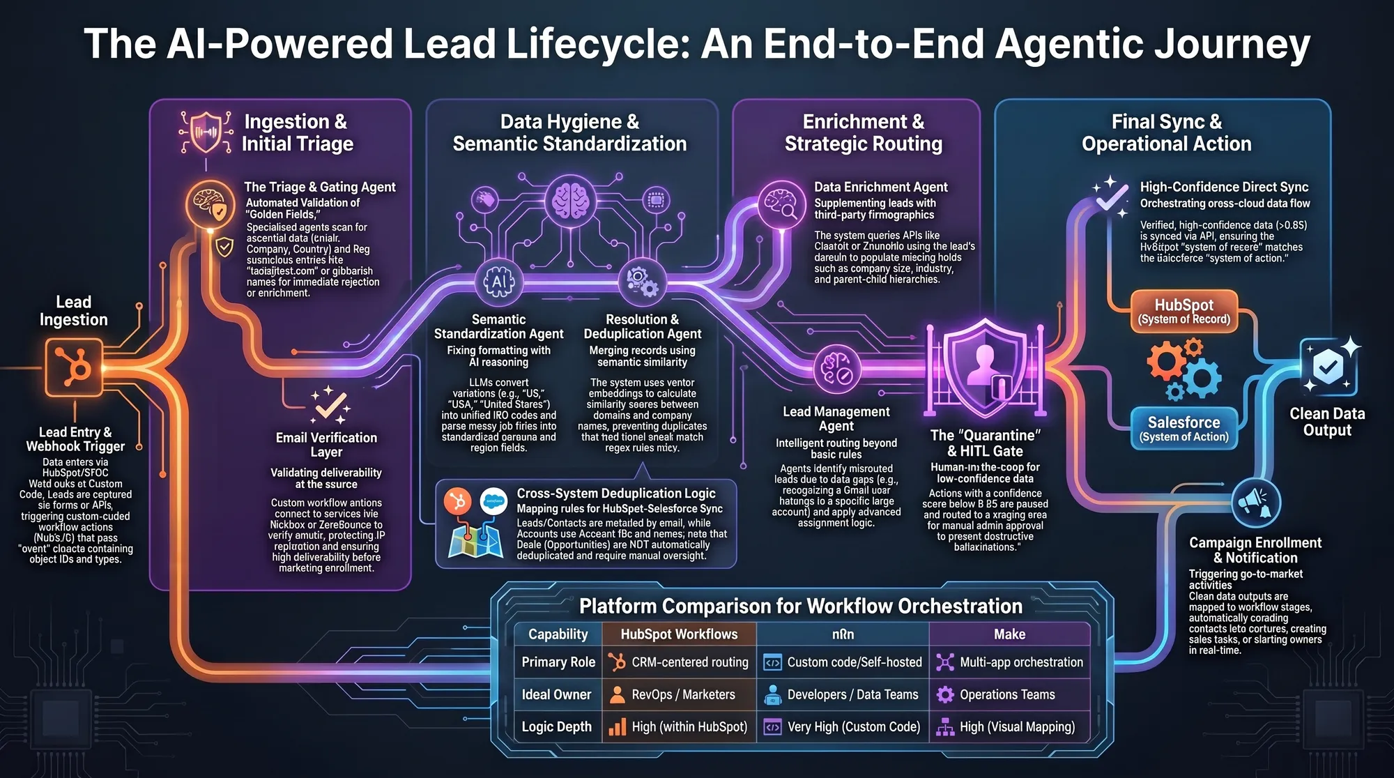 The AI-Powered Lead Lifecycle — an end-to-end agentic journey: ingestion and triage, data hygiene and semantic standardization, enrichment and strategic routing, then final sync and operational action across HubSpot and Salesforce.
