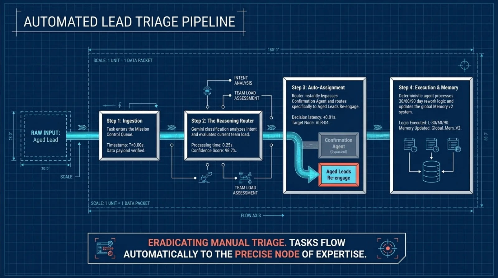 Automated lead triage pipeline — ingestion into the mission control queue, a reasoning router classifying intent and team load, sub-second auto-assignment, then execution with 30/60/90-day rework logic and global memory updates.