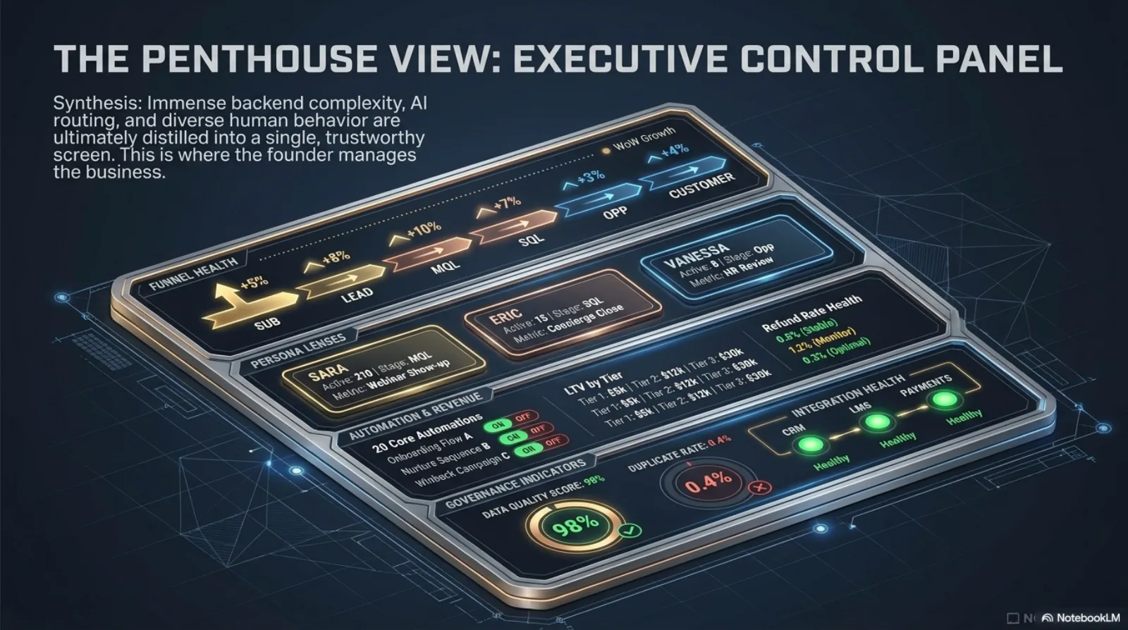 The penthouse view — an executive control panel distilling backend complexity, AI routing, and human behavior into a handful of decision-ready numbers.